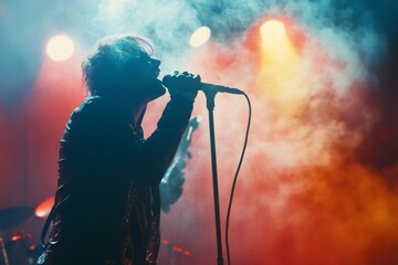 Energetic singer performing live on a stage filled with smoke and colorful lights, creating a vibrant and exciting atmosphere
