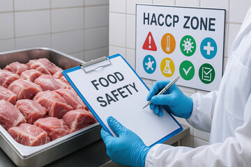 Food safety inspection in meat processing area with HACCP zone sign and person wearing blue gloves holding clipboard and pen ensuring hygiene standards