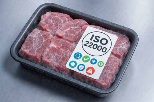 Raw meat in black plastic tray with ISO 22000 food safety certification label on metallic surface, fresh red beef cubes ready for cooking or sale