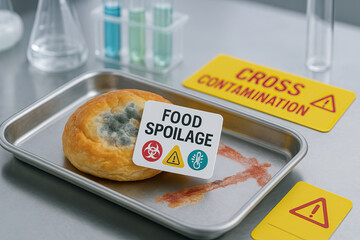 Moldy bread on metal tray with food spoilage warning and cross contamination signs in laboratory setting, highlighting health hazard and contamination risk