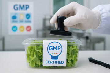 GMP certified label being stamped on fresh green lettuce in transparent plastic container, emphasizing quality assurance and food safety in clean environment