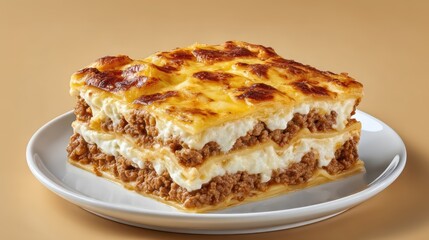 Delicious Moussaka Layered Dish with Ground Meat and Creamy Bechamel Sauce Served on a White Plate