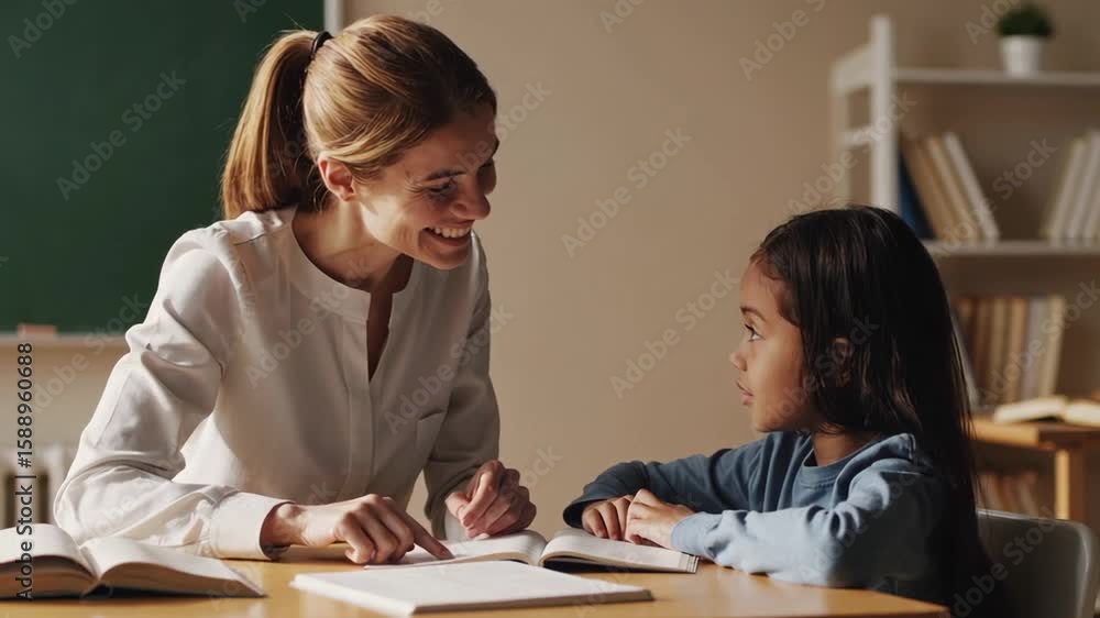 Poster smiling teacher assisting a young pupil with her reading lesson, pointing to words in a book and pro