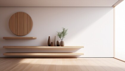 empty room minimalist living room with wood shelves white wall background 3drender