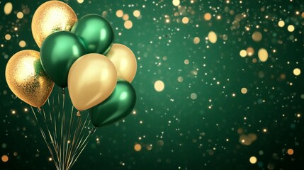 Elegant gold and green birthday balloons with glowing lights and festive bokeh background for celebration or party decoration
