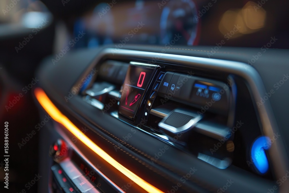 Poster close up view of illuminated car dashboard displaying climate control settings and infotainment opti
