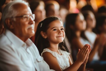 Granddaughter and grandfather are clapping hands and smiling while attending a show in audience