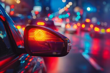 Car side mirror with activated turn signal blinking in heavy night traffic jam with blurred lights