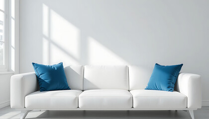 A sleek white sofa adorned with two blue pillows, minimalist decor, sunlit room with soft shadows, high resolution in 4K and HD.