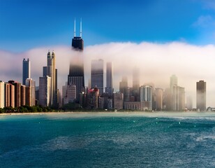 Obraz premium chicago skyline from gold coast with skyscrapers disappearing into fog