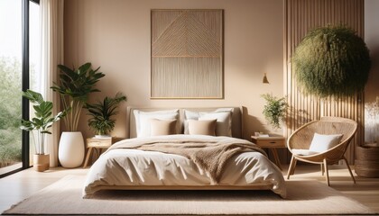 stylish eco friendly bedroom interior in beige tones