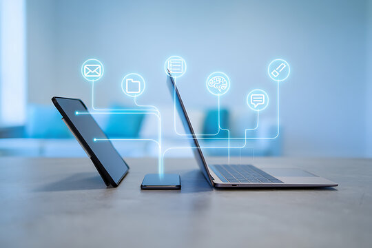 A laptop, tablet, and smartphone are connected with digital icons, representing modern communication and technology