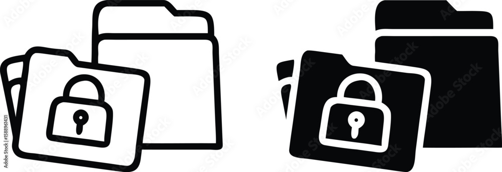 Poster secure folder icon set – black and white vector symbols for privacy and data protection