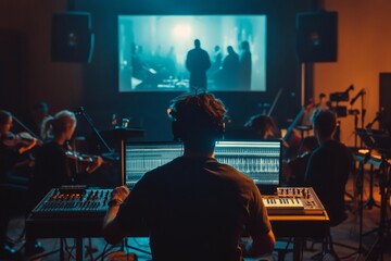Sound engineer working on audio mixing console, adjusting sound of orchestra playing live music for movie soundtrack in professional recording studio