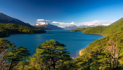 lake norquinco nestled amidst rolling forested hills with distant mountain ranges of los andes patagonia argentina
