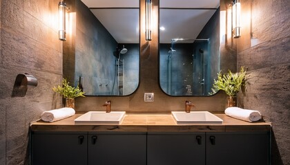 nice and moody bathroom with double sinks with shower showing in the mirror