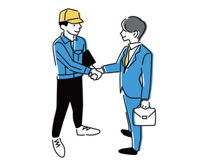営業マン風の男性と、工場勤務風の男性が、握手して互いに目を合わせている全身イラスト