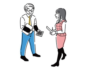 金融関係の仕事をする事務員の男性と、事務仕事をする制服姿の女性のイラスト