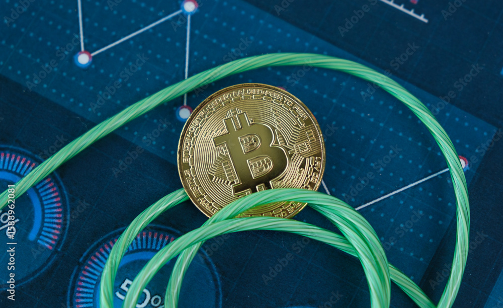 Poster a coin with the letter b on it is on a green string