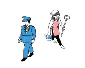 掃除をする女性と、警備員の男性の全身ベクターイラスト