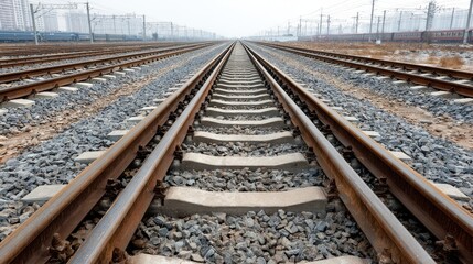 Steel rail tracks stretching into distance on gravel bed, showing transportation and durability