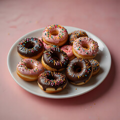 Delicious Donuts with Chocolate and Pink Icing on White Plate
