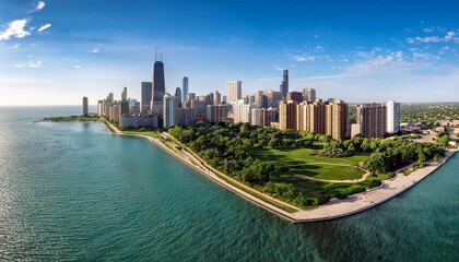 Naklejka premium aerial photo of chicago skyline residential buildings with park and green space in foreground chicago south loop midwest urban living