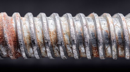 Steel screw threads photographed in macro with extreme detail and contrast, showing industrial finish