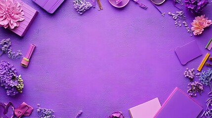 Purple Aesthetic Flatlay, Flowers, Stationery, and Copy Space