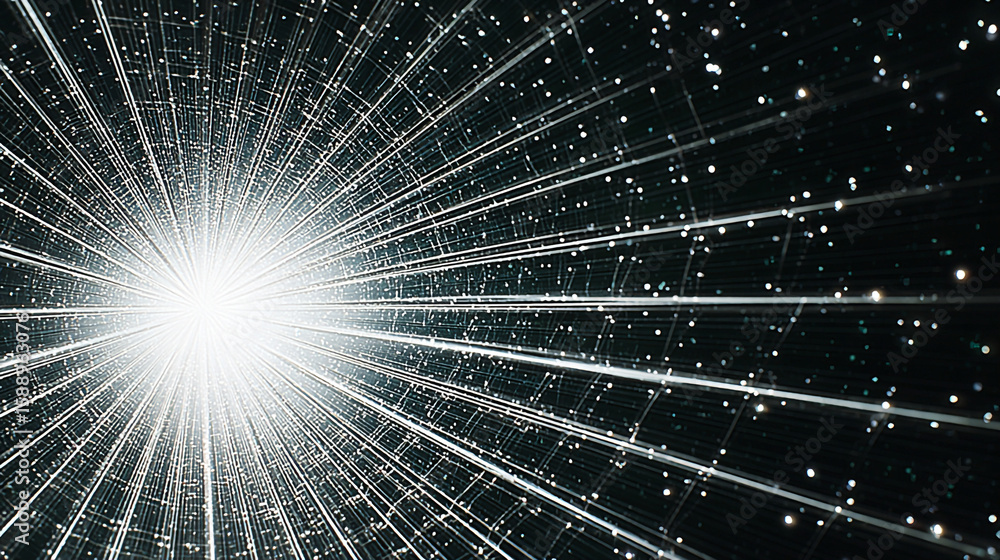 Poster abstract view of radiating white lines and dots converging into a central bright light