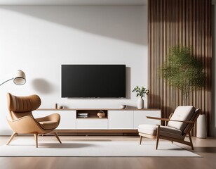modern living room with tv cabinet featuring armchair elegant furniture and minimalist decor against a white wall background 3drender