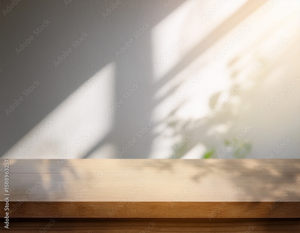 Poster abstract blurred background with beautiful sunlight shadow on white wall and table close up backgrou