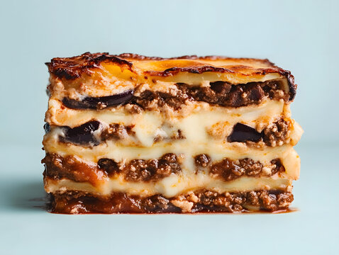 Delicious slice of moussaka with layers of eggplant meat sauce and b chamel