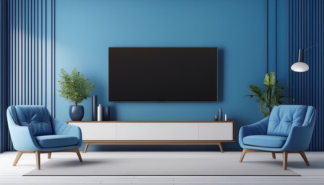 tv wall mock up modern interior of living room with blue armchairs on white flooring and blue nova wall emptry room 3d rendering