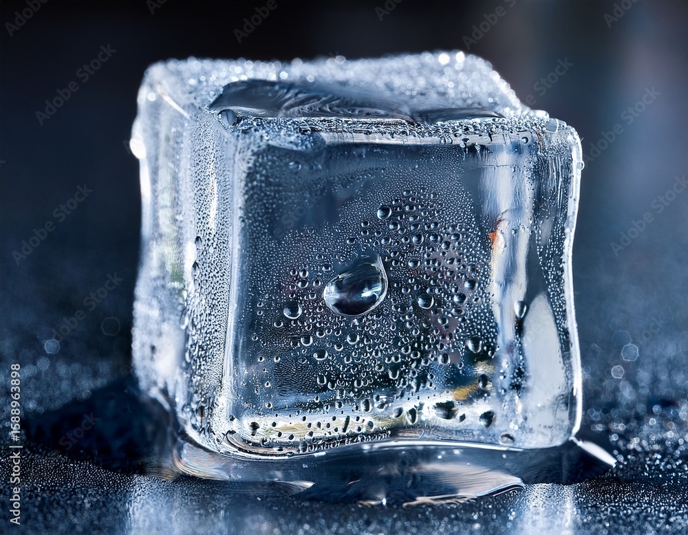 Poster close up of bitcoin embedded in ice cube with water droplets