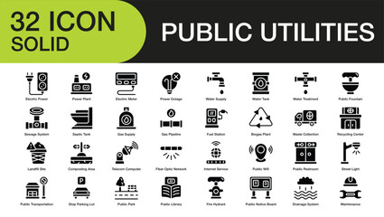 public utilities set of web icons in solid style. Containing electric power, power plant, electric meter, power outage, water supply, water tank, water treatment, and more. High Quality