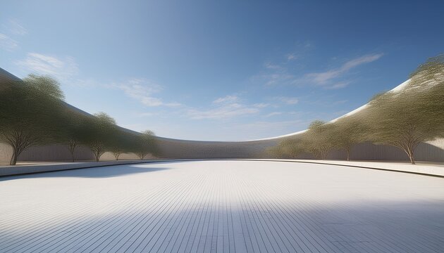 empty concrete floor in city park 3d rendering of outdoor space and architecture with blue sky background