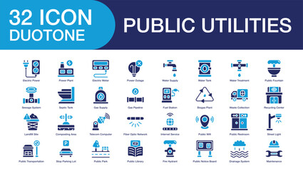 public utilities set of web icons in duo tone style. Containing electric power, power plant, electric meter, power outage, water supply, water tank, water treatment, and more. High Quality