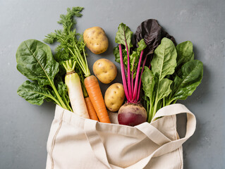 Fabric shopping bag full of fresh vegetables including carrots, beets and potatoes. Eco-friendly reusable canvas shopping bag on gray background.
