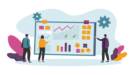 Team members reviewing a dashboard with charts graphs and sticky notes in a business meeting setting