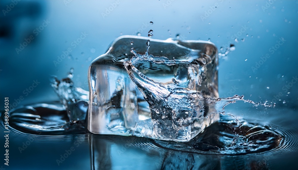 Poster close up view of bitcoin embedded in ice cube with water splashes
