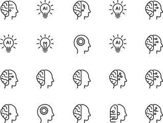 AI Head Icons Set Neural Network, Technology, Artificial Intelligence in Outline Style