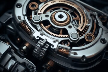 Fototapeta premium Intricate clockwork mechanism with gears and springs, showcasing precision engineering and industrial design