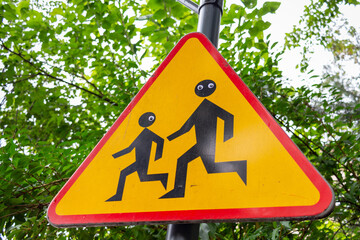 School Crossing Sign with Funny Glued Eyes