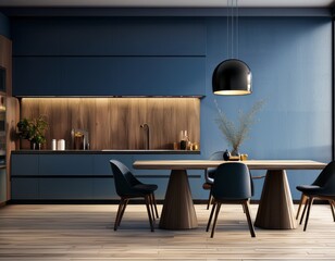 modern dark blue kitchen with wooden dinning table and contemporary chair with black lamp and wood floor 3d render