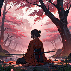 Fototapeta premium Samurai Awakening in Sakura Forest