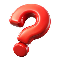 A glossy red question mark represents inquiry and the search for answers, isolated on transparent background
