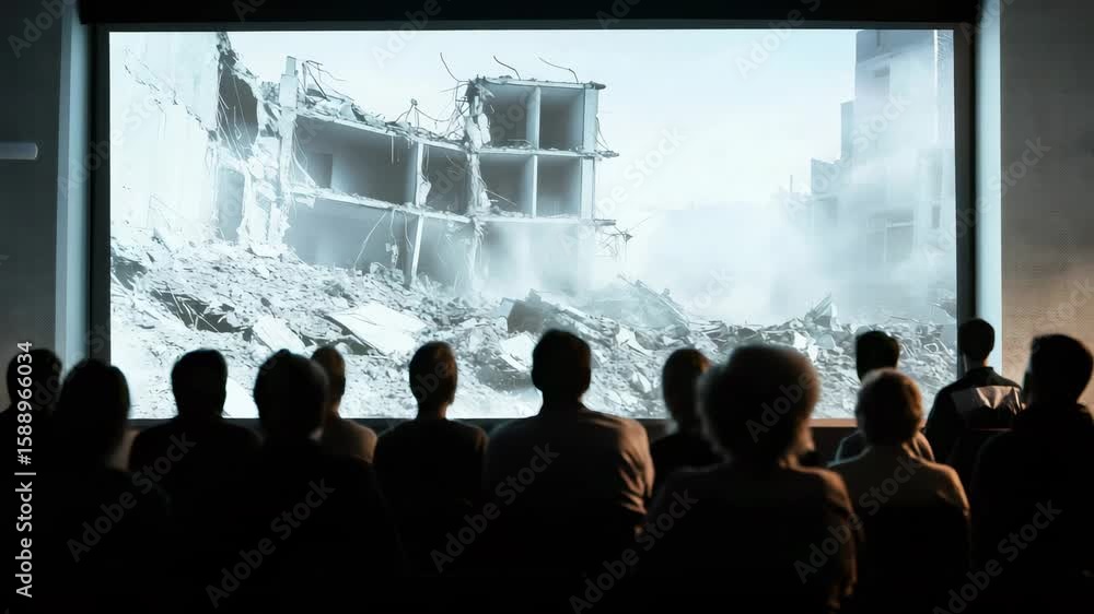 Poster serious researchers analyzing seismic activity simulation, watching large screen projection of struc