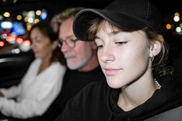 Fototapeta premium A young woman sits in a car with her friends while texting, reflecting modern communication and social interaction in an intimate, nighttime setting with city lights outside.