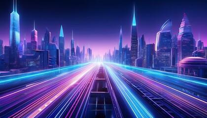 concept background with night city illuminated with neon glowing lights futuristic cityscape in blue and violet colors panorama with modern buildings and skyscrapers highway